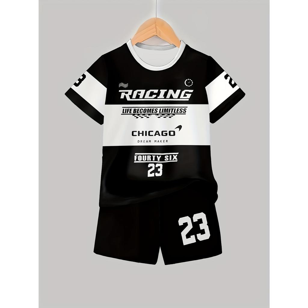 Boys' Set of Fashionable 3D Printed Casual Pullover, Short Sleeved Shorts, T Sports Shirt, Boys' Outdoor T-shirt Shorts Set