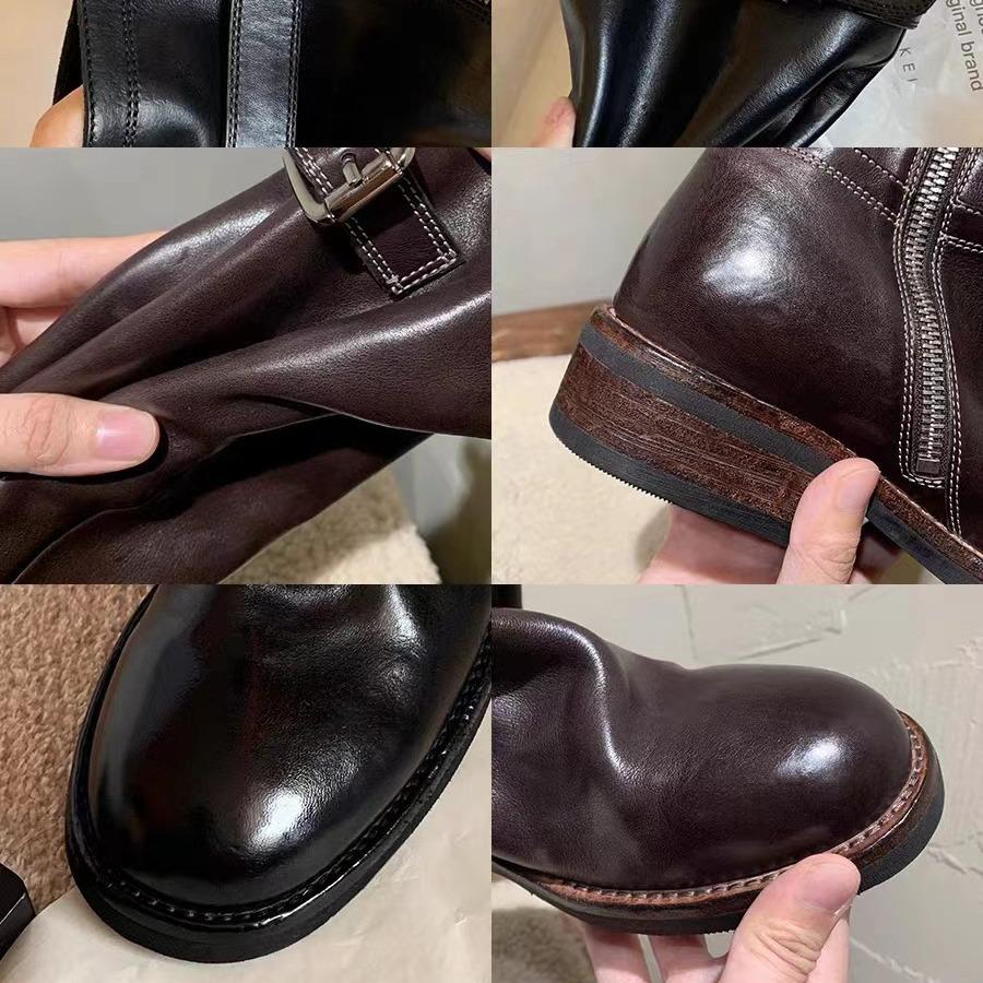 Grape mother has the same washed horse leather, European and American round head belt buckle, thick-soled medium and high knight boots, women's kne
