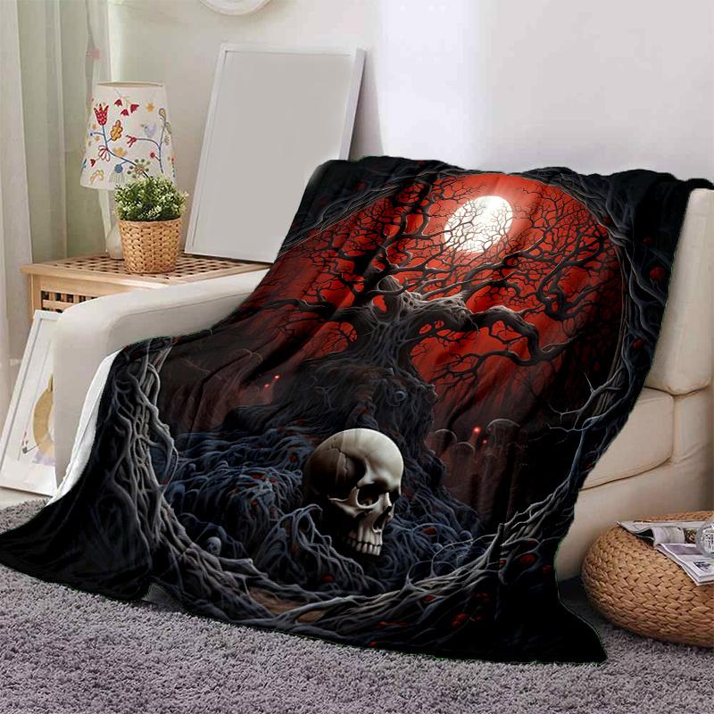1pc Midnight Moonlit Skull Blanket Soft and Cozy Home Decor Gift for All Seasons, Living Room, Travel .K061