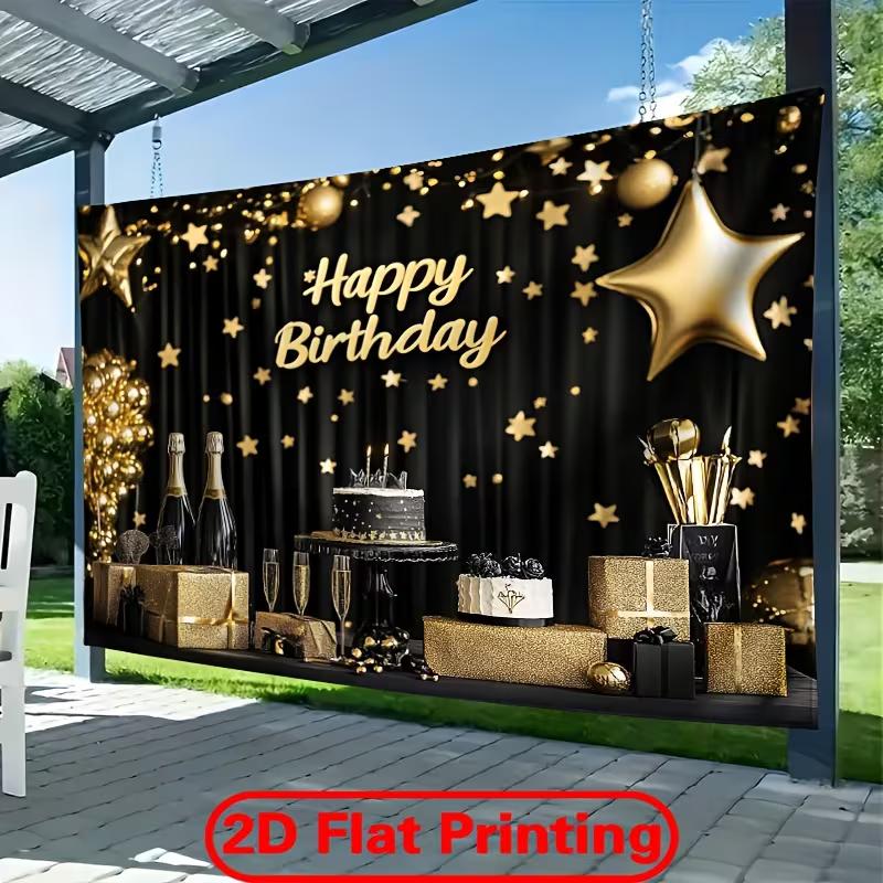 2D Black Gold Star Birthday Backdrop Photography Background Banner 47.2x31.5inch/120*80cm