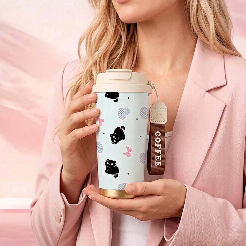Coffee Mug 532ml Black Cat Bow Heart Element Lanyard Insulated Cup Large Capacity Cup Leakproof Hand Cup Leakproof Coffee Cup Stainless Insulated Cup Coffee Mug 532ml