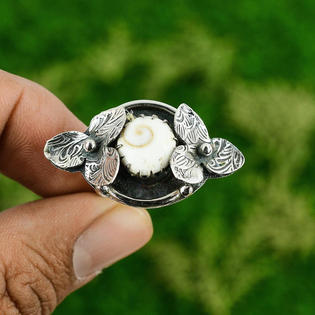 Statement Flower Ring Size 6.75 925 Silver Natural Shiva Eye Shell