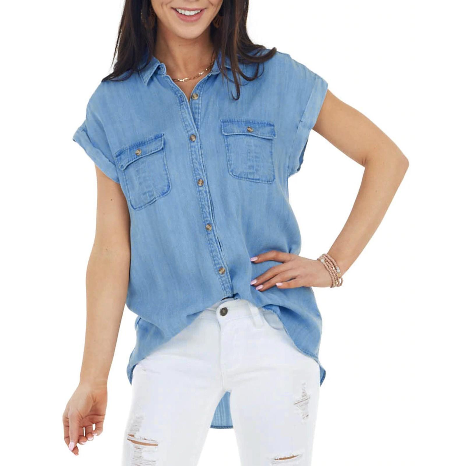 

Женская повседневная однотонная джинсовая футболка с v-образным вырезом и карманом с коротким рукавом XXL синий