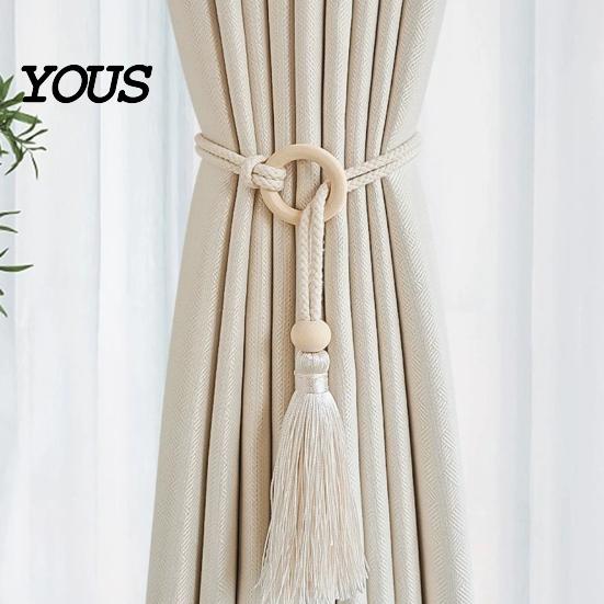 Adjustable Curtain Ties Wooden Ring Tassels Tieback, Window Holders Easy Use Backs, No Drill Drape Holdbacks for Home Bedroom Decor
