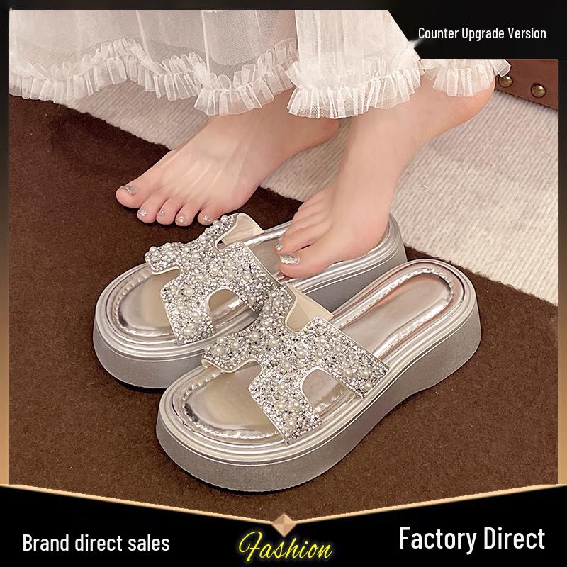 Women's Summer 2025 Silver Rhinestone One-Strap Thick-Soled Height-Increasing Cool Sandals with Medium Heel