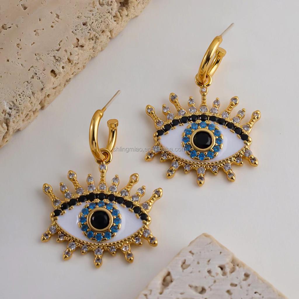 LingMiao Stylish Devil's Eye Stud Earrings 18K Copper Gold-Plated Fashion Drop Design Piercing Jewelry