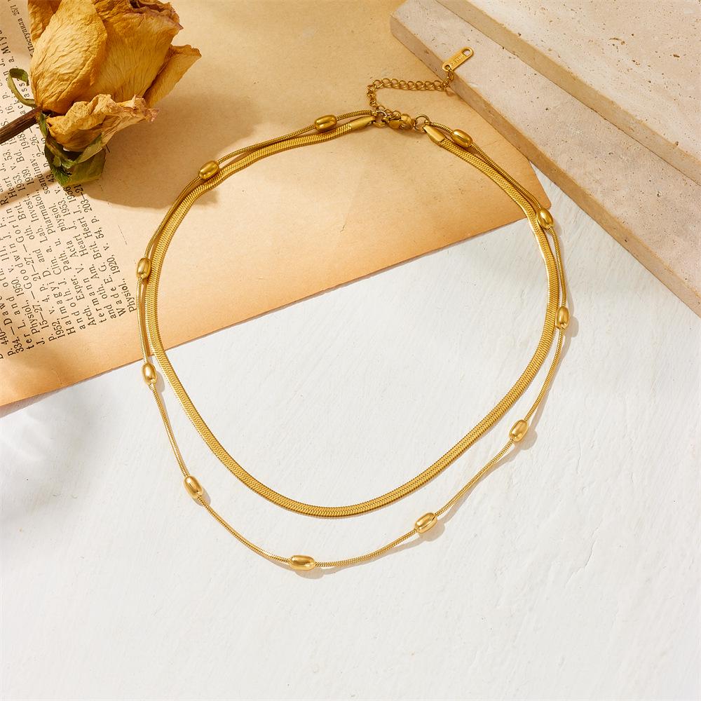 Double Layer Rice Bead Titanium Steel Necklace - Women's Summer Clavicle Chain