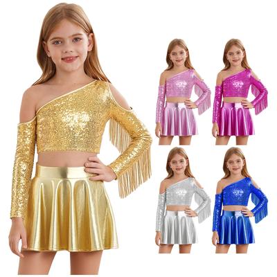 Girls Jazz Dance Costume Metallic Shiny One Shoulder Crop Top Long Sleeve Tassels Pleated A-Line Skirt