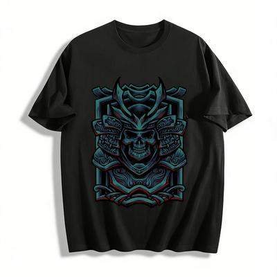 Vintage Samurai Skull Armor Print Trendy Casual Short Sleeve T-shirt Pure Cotton T-shirt