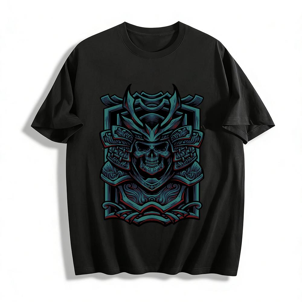 Vintage Samurai Skull Armor Print Trendy Casual Short Sleeve T-shirt Pure cotton T-shirt XXS