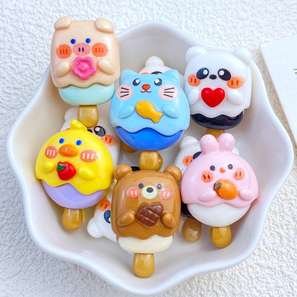 10Pcs New Cute Resin Cartoon Cat Bear Rabbit Pig Lollipop Flat Back Parts Embellishments For Hair Bows