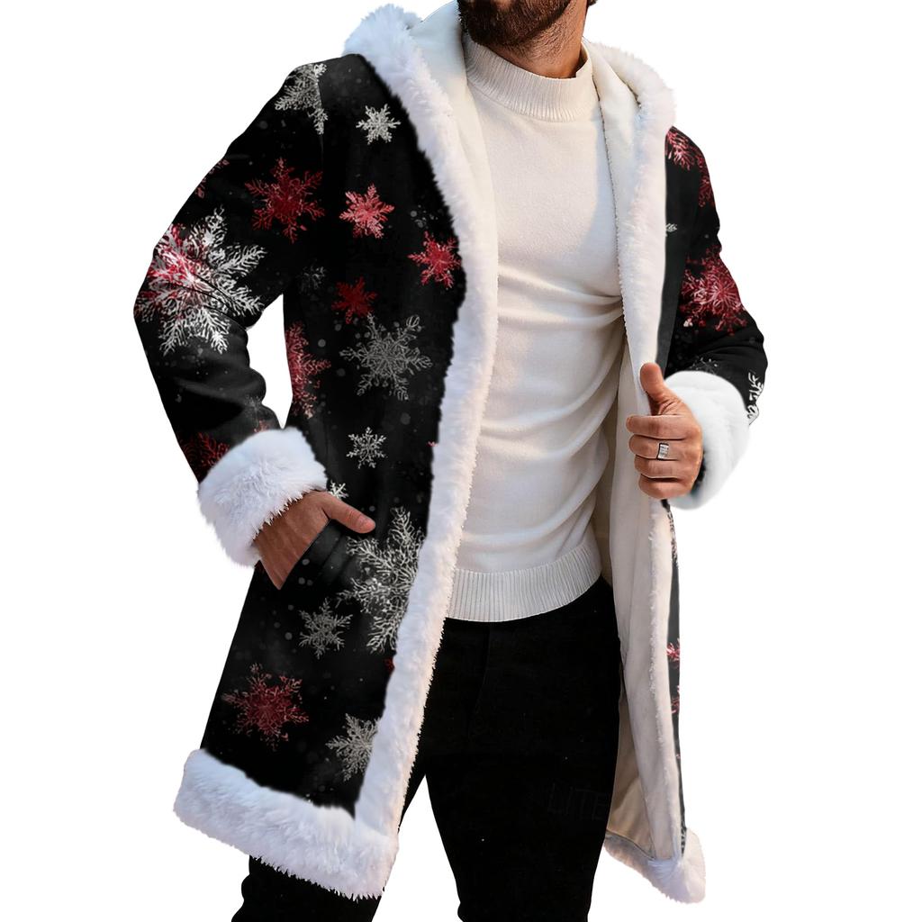 Men's Christmas Long Hooded Cardigan With Pockets Warm Jacket