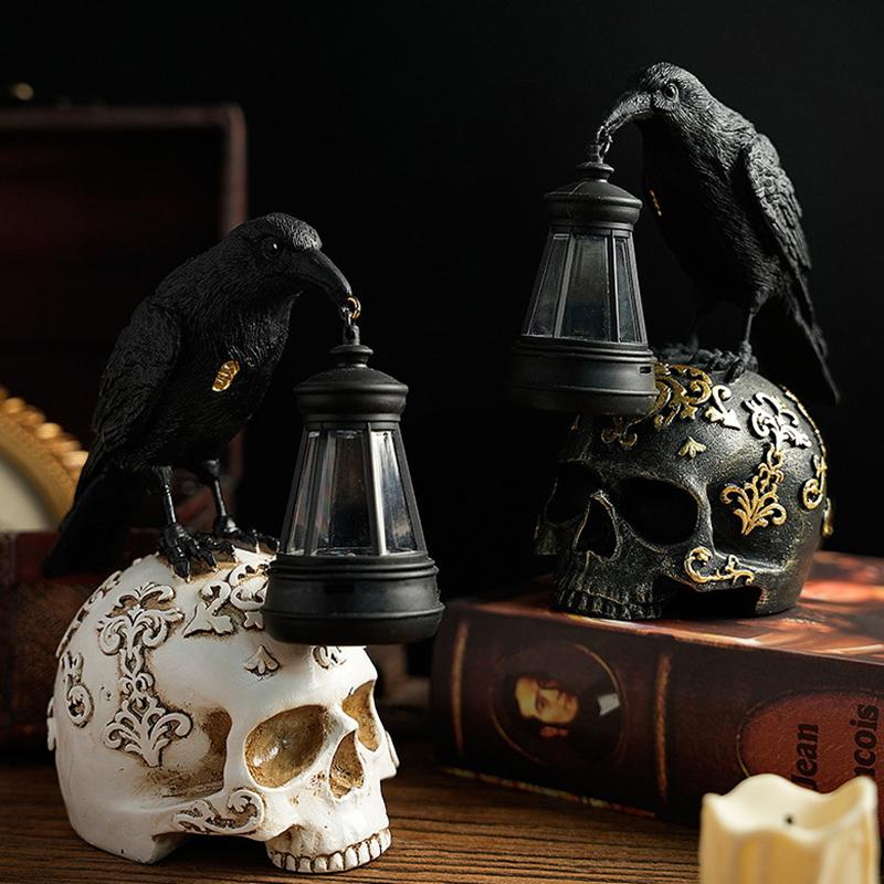 Halloween Crow Skull Night Light Table Lamp Halloween Decorative Skull Lamp Gothic Decorative Night Light Resin Craftsmanship