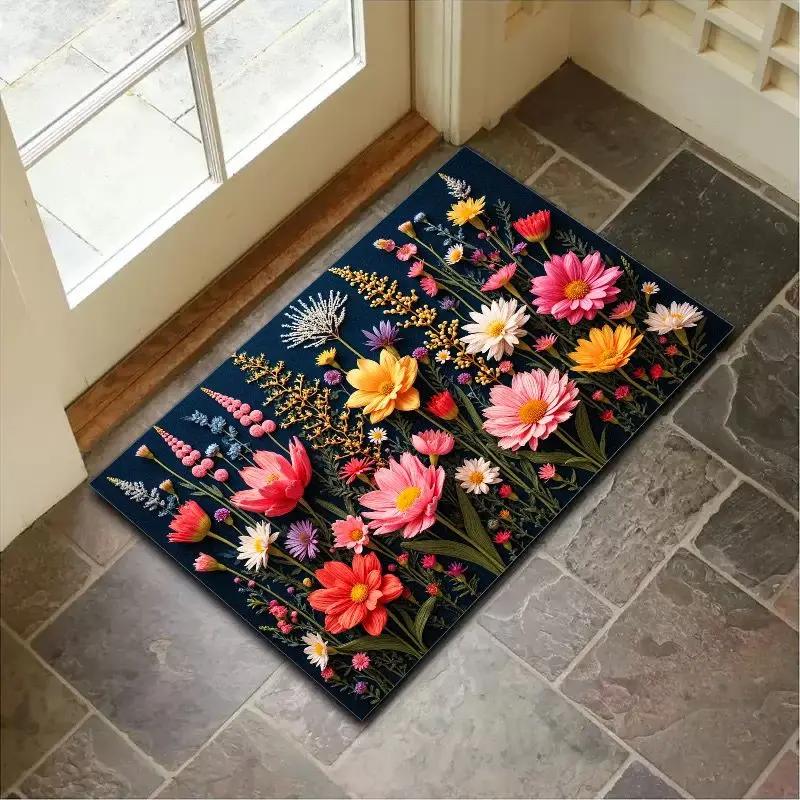 3D Floral Pattern Door Mat Colorful Flower Rug Non Slip Entrance Mat for Home Decor and Outdoor Porch Waterproof Floor Protector