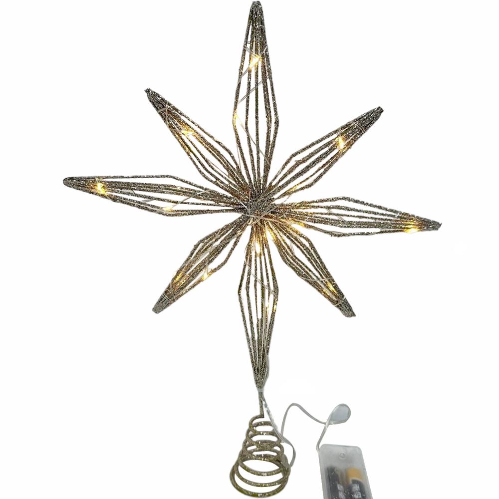 20-Lights Christmas Star Tree Topper Multi-Pointed Pre-lit Glittered Snowflake Treetop Lighted Xmas Treetop for Home Decorations