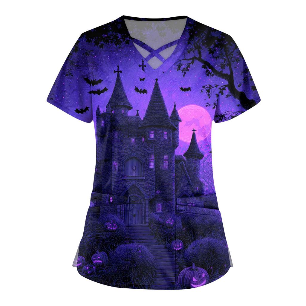 Women's Fashion  V-Neck Short Sleeve Overalls Double Pocket Halloween Printed Tops  Apparel