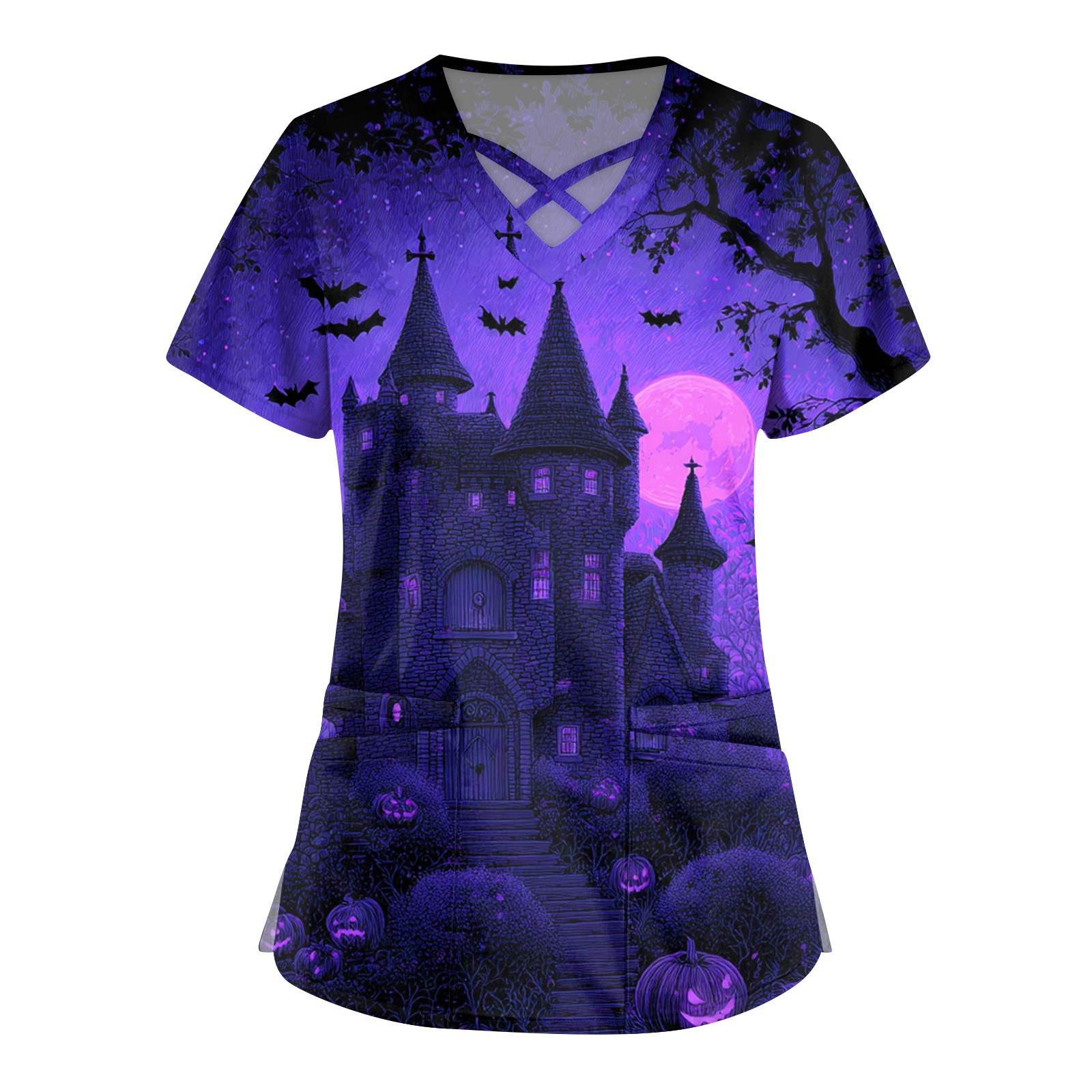 

Женская мода Комбинезон с V-образным вырезом и короткими рукавами Топы с принтом на Хэллоуин с двойным карманом Одежда XXXL