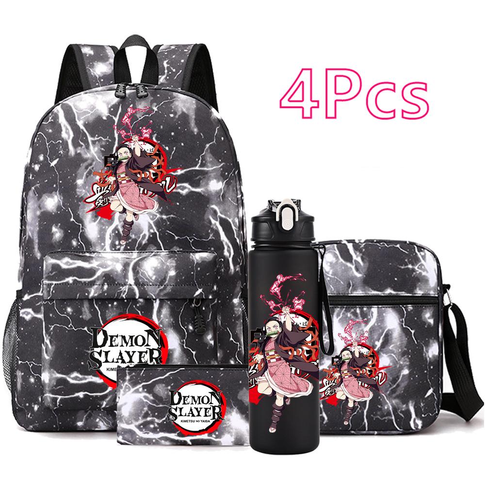 4 Pezzi/set Zaino Stampato Anime Demon Slayer con Borraccia da 750 ml per Adolescente Studente Ragazza Ragazzo Grande Capacità Impermeabile Borsa per Libri Regalo