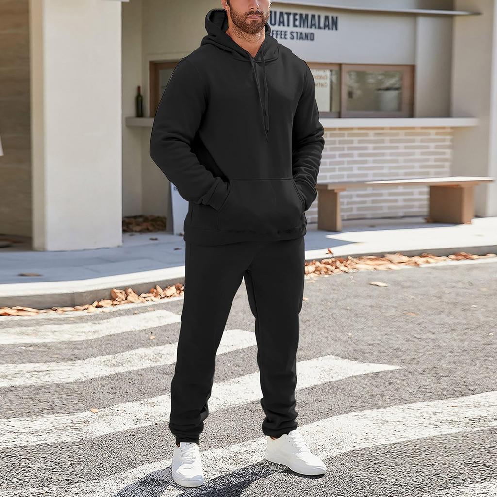Men's And Women's Solid-color Casual Set. Men's Long-sleeved Hooded, Fleece And Thickened Sweatshirt And Pants Two-piece Set