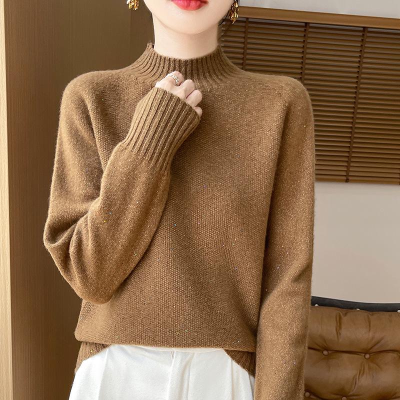 2024 Autumn/Winter High Neck Beaded Wool Sweater - Long Sleeve, Loose Fit