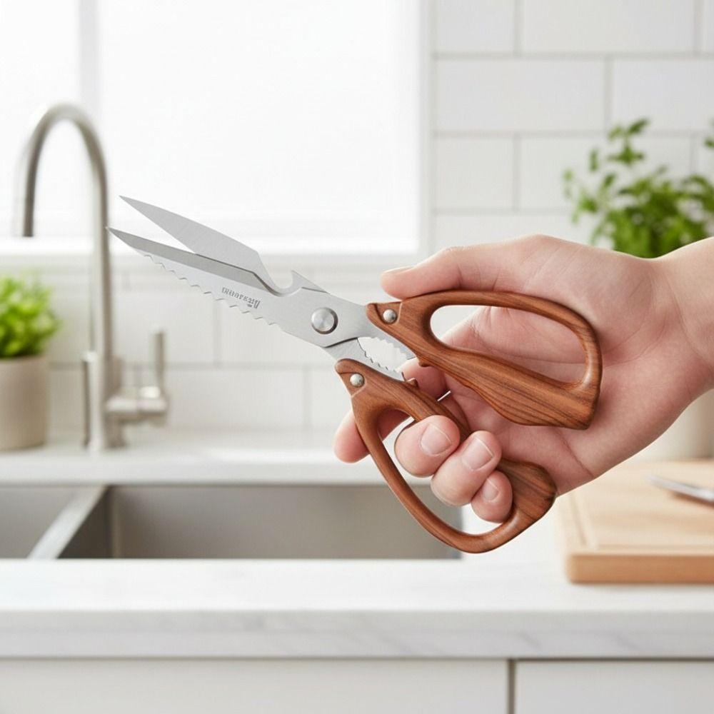 Nerezová kuchyňská nůžka s rukojetí imitující dřevo, nerezavějící, nůžka na kuřecí kosti, na těstoviny