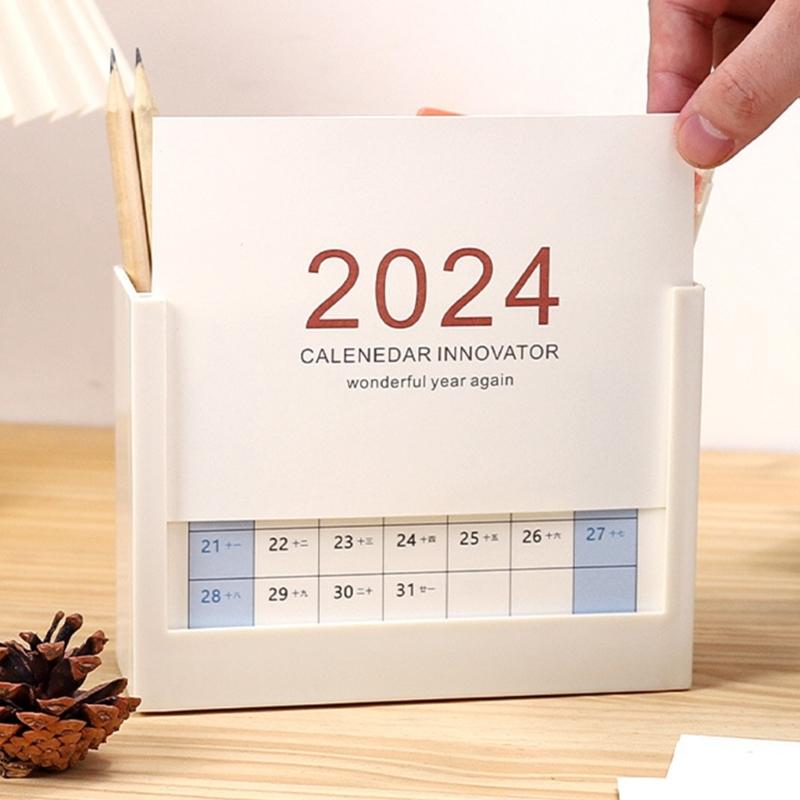 Multifunctional Desk Pencil Holder with 2024 Monthly Calendar, Office Desktop Organizer Pen Holder for Student Teacher