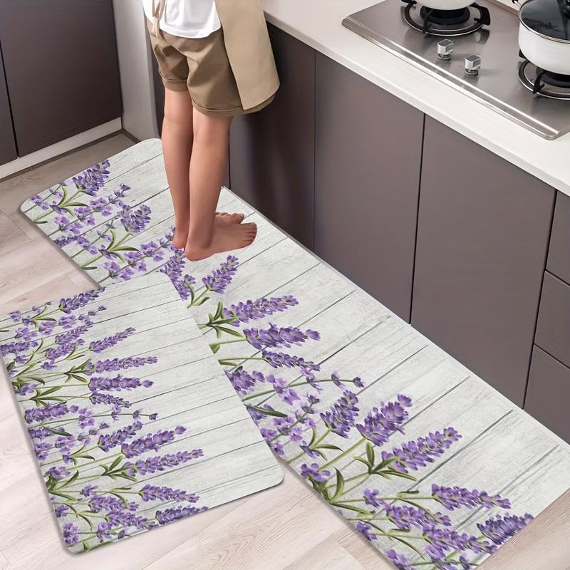 1 Stück Anti-Ermüdungs-Küchenteppiche Lavendel Blumenmuster Wasserdicht Rutschfest Dick Gepolsterte Küchenmatte Hochbelastbar Komfort Stehmatte für Küche
