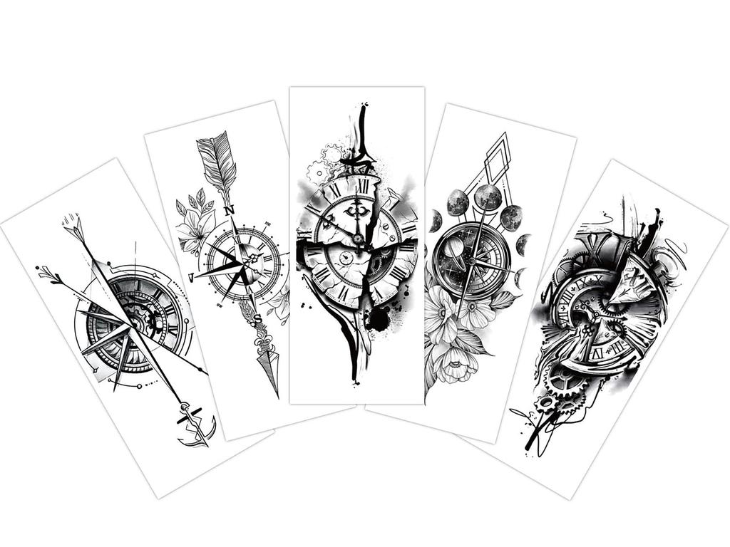 S.A.V.I 5 pezzi. Combo di Adesivi per Tatuaggi Temporanei con Bussola, Orologio, Navigazione Mix di Disegni Per Uomini Ragazze Ragazzi Donne Dimensioni 10.5x6cm
