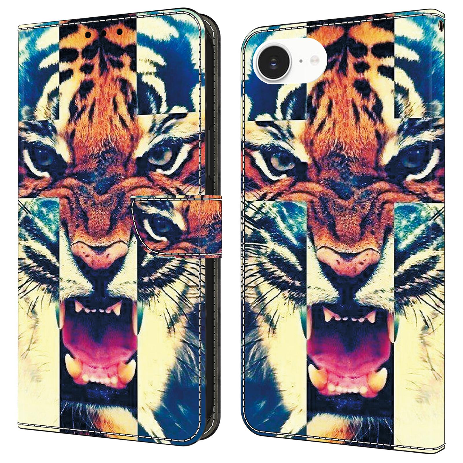 

For iPhone 16e Leather Case Pattern Printing Wallet Stand Anti Drop Phone Cover Tiger