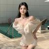 1011 new girls hollow one-piece swimsuit women's small breast steel support gathers conservative to cover the meat and look thin hot spring swimsuit