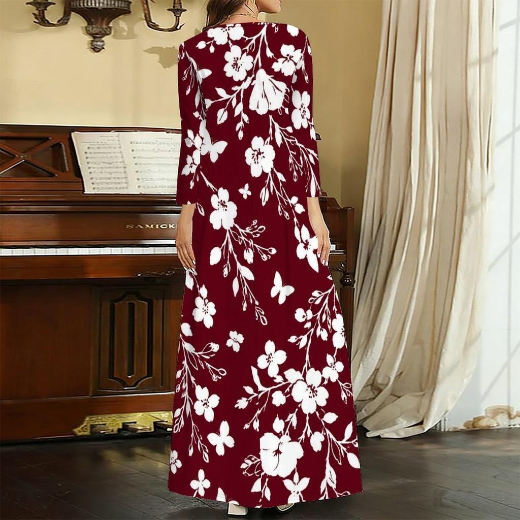 Women Plus Size V Neck Three Quarter Sleeve Black Yellow Floral Printed Long Dress