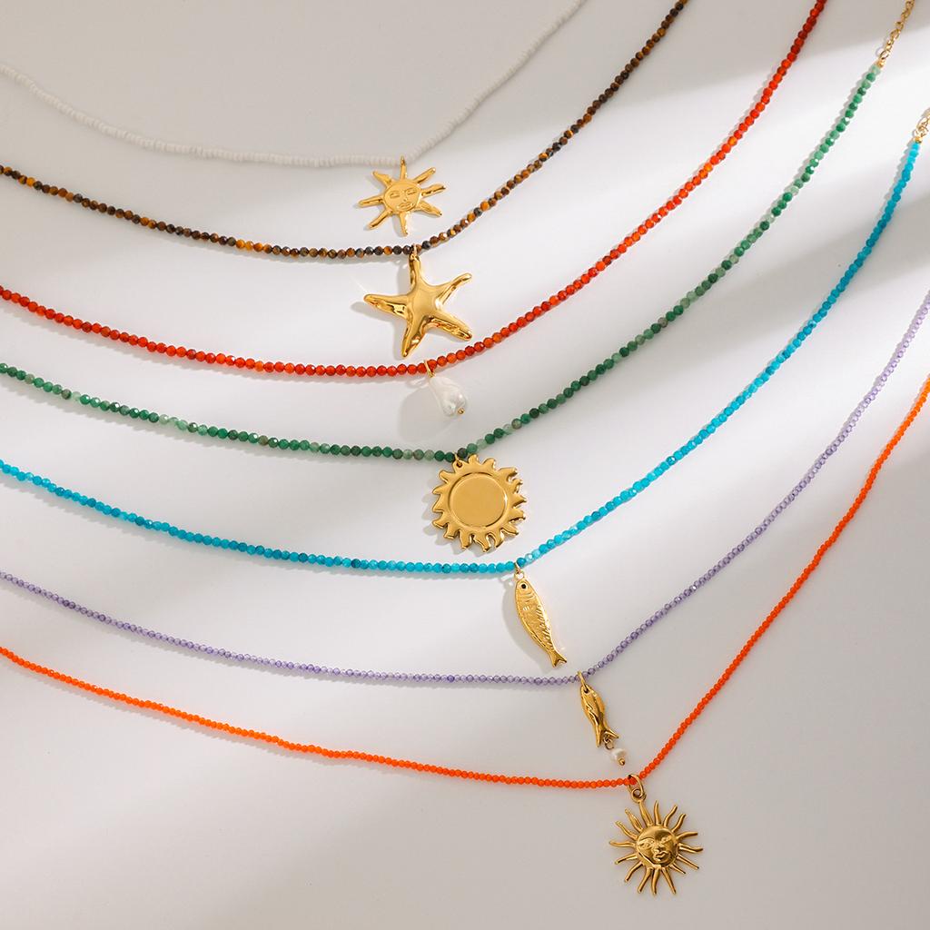 Uworld Beach Ocean Vacation Style 18K Gold Color Stainless Steel Sun Starfish Pendant Necklace Natural Stone Bead Necklace Women