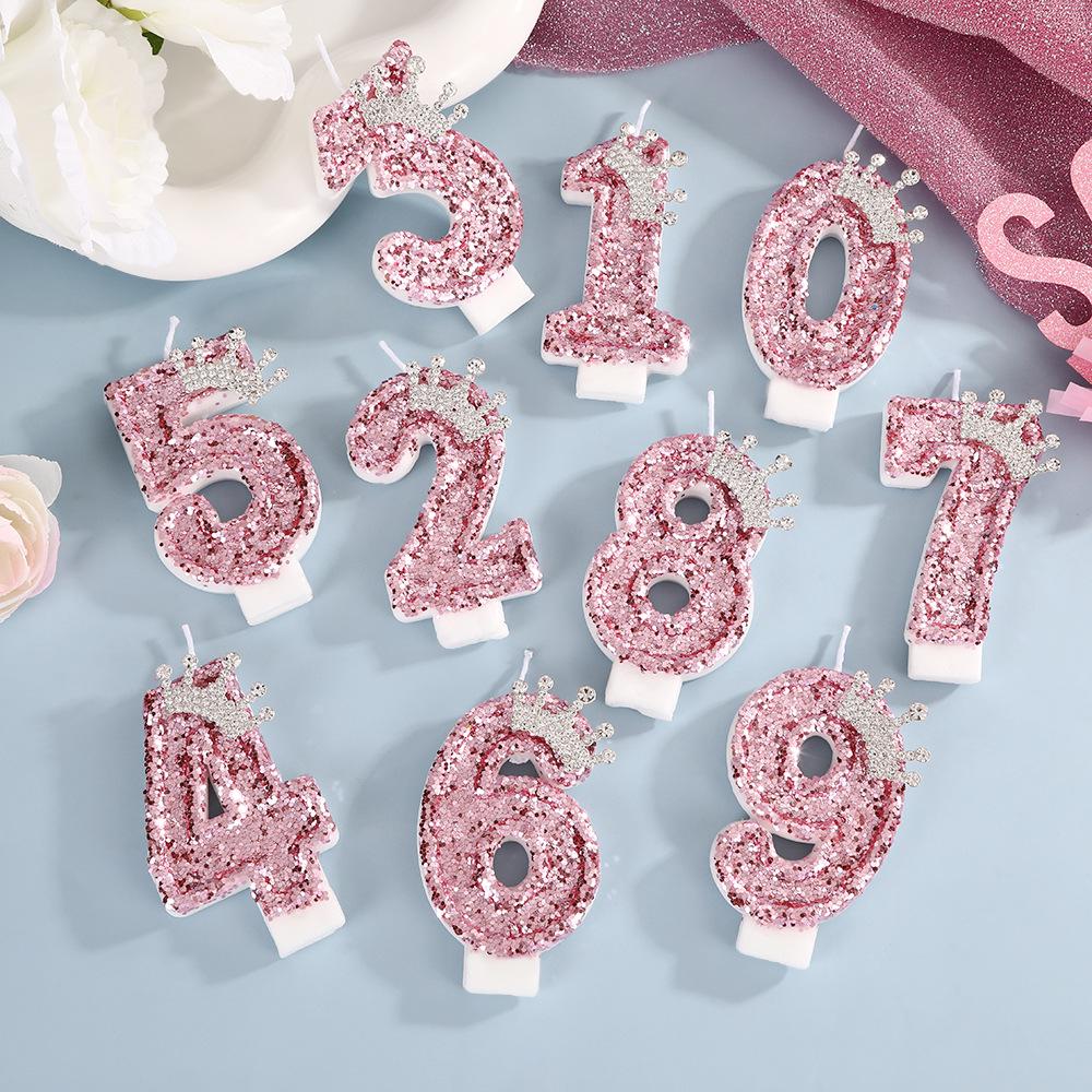 High-End Pink Glitter Crown Number Candle for First Birthday Cake Decoration