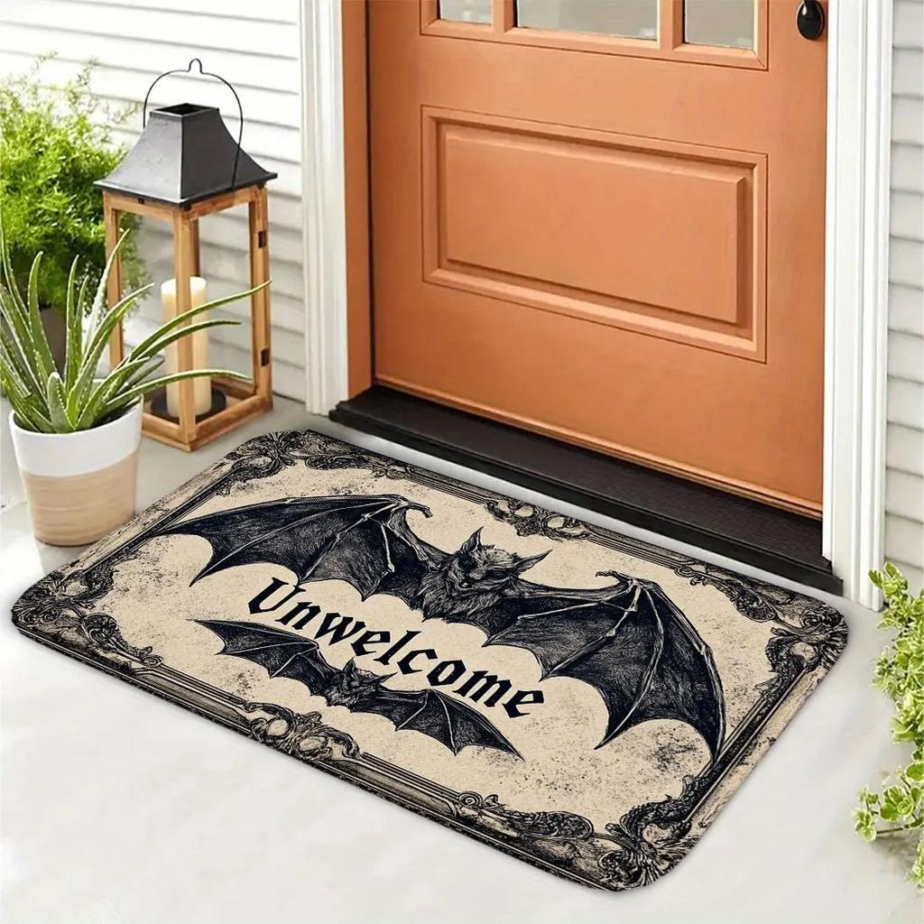 Gothic Aesthetic Unwelcome Bat Door Mat Vintage Pattern Non-Slip Durable Entrance Pad Perfect for Dark Style Home Porch Decor