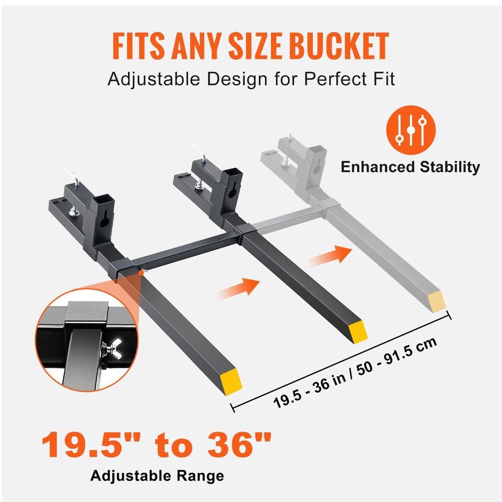 Pallet Forks, 2000 Lbs Clamp On Pallet Forks, 43" Total Length Tractor Bucket Forks with Adjustable Stabilizer Bar, Heavy Duty Pallet Forks for
