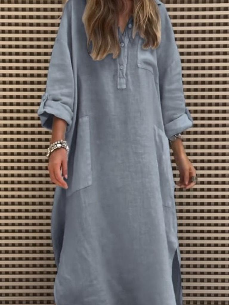 New Women's Spring Summer Elegant Solid Color Irregular Dress Simple Button Pocket Long Dress Women's Clothing