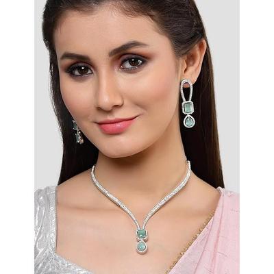 Silver Plated Lime Green CZ Studded Necklace with Earrings