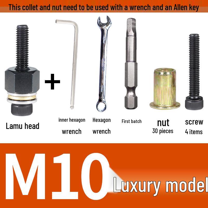 Multi-Purpose Electric Rivet Tool with Manual Wrench and Nut Head Attachment