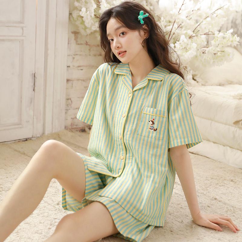 Summer pure cotton cotton yarn women's short-sleeved shorts cartoon simple casual can be worn outside striped loungewear set 11