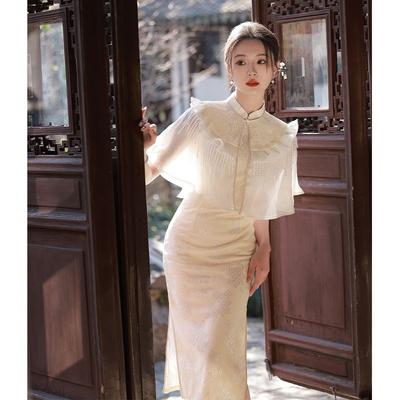 Vestido de renda diário estilo chinês Cheongsam de duas peças aprimorado