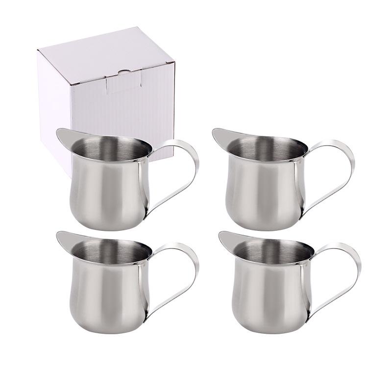 Set of 4 Stainless Steel 3 oz Milk Creamer Cups with Pointed Spout, 90ml Latte Art Cups for Coffee Mixing.