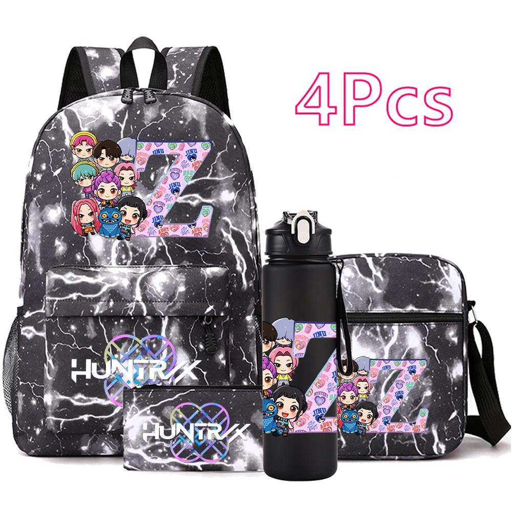 4Pcs/set 26 English Letter KPop Printed Backpack with 750Ml Water Bottler for Teenager Student Girl Boy Bookbag Kid Gift Large Capacity Travel Bag
