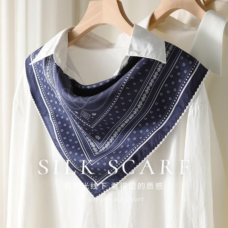 Vintage Navy Blue Silk Square Scarf Women 100% Mulberry Breathable Neck Protection Professional Light Mature Style Small
