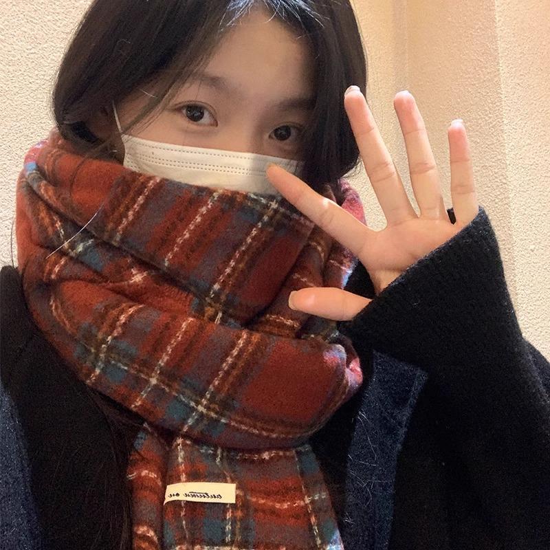 Premium Sense Red Plaid Scarf Women's Autumn and Winter New Korean Atmosphere Versatile Thickened Warm Scarf