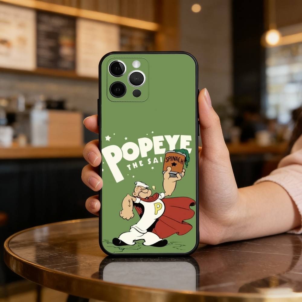 P-Popeye CARTOON Phone Case For iPhone 17,16,15,14,13,12,11 Plus,Pro Max,Soft Silicone Black Cover