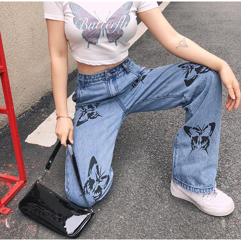 2026 Spring Autumn Trousers High Waist Butterfly Print Y2K Jeans for Women Fashion Loose Straight Leg Denim Pants Casual Clothing