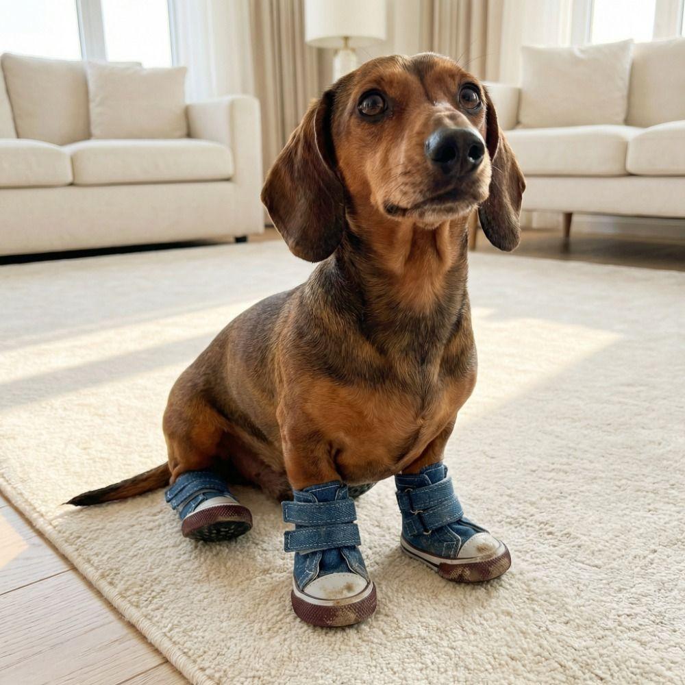 4pcs/set Adjustable Non-Slip Pet Shoes Wear-Resistant Breathable Dog Canvas Sneakers Rubber Soles Dog Casual Shoes Outdoor