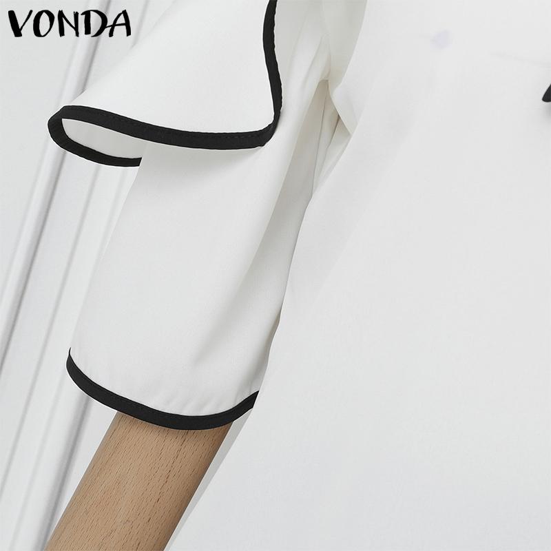 VONDA Women Cold Shoulder Ruffled Sleeve Bow Knot Casual Stitching Blouse