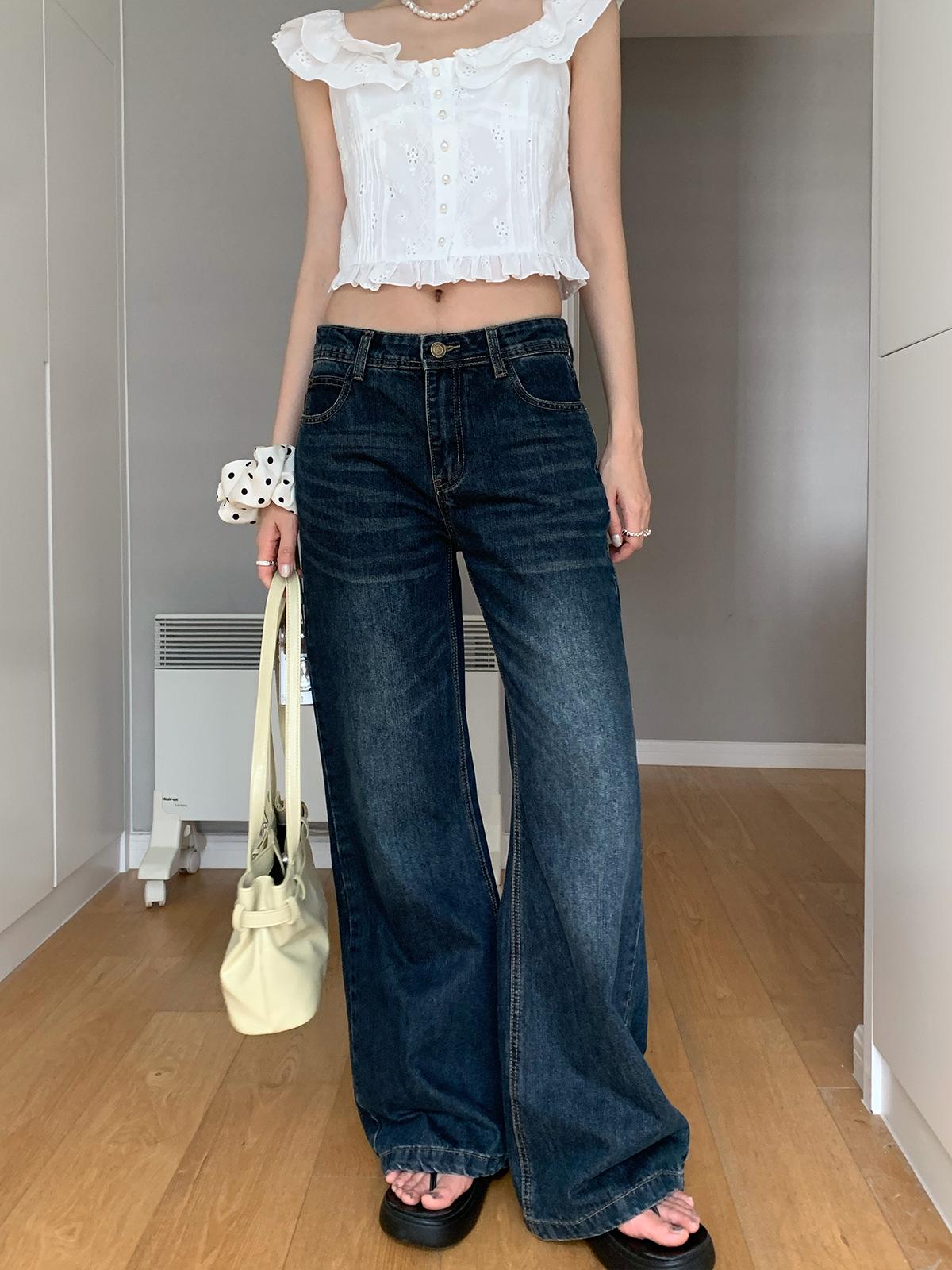 Dorothy Four Seasons Wide-Leg Distressed Low-Waist Denim Pants L