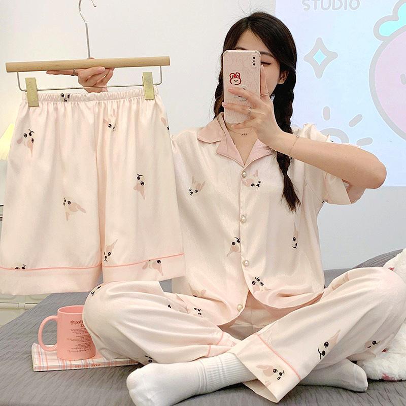 Sweet Princess Wind Bear Print Can Be Worn Outside Short-Sleeved Pajamas Loungewear Three-Piece Set
